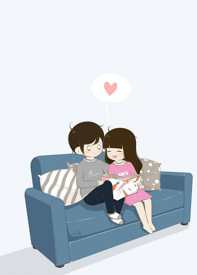 Cute Couple Cartoon On Couch Background