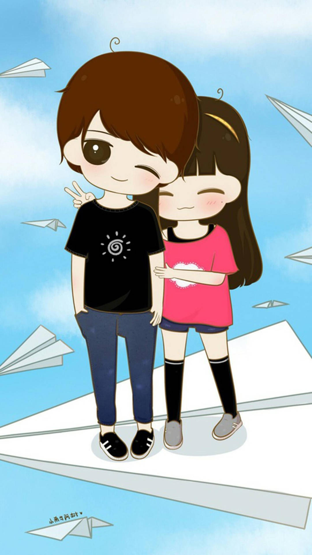 Cute Couple Cartoon Paper Plane Background