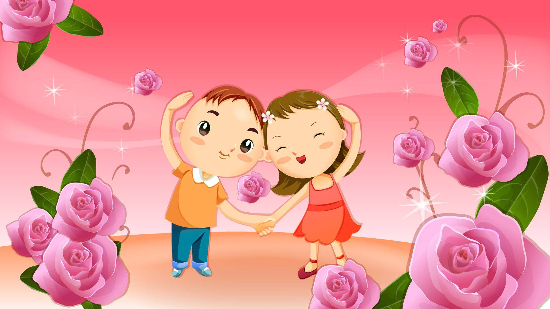 Cute Couple Cartoon Pink Roses Background