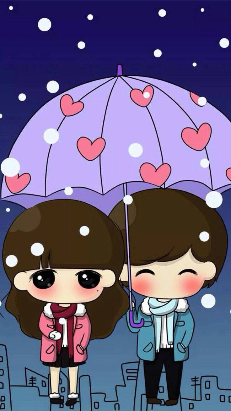 Cute Couple Cartoon Purple Umbrella Background