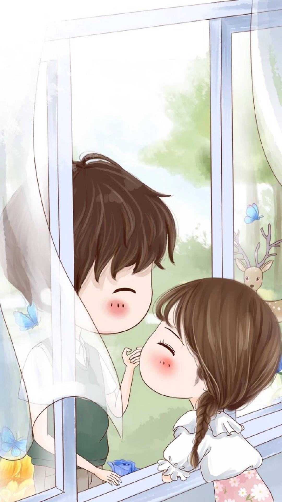 Cute Couple Cartoon With Deer Background