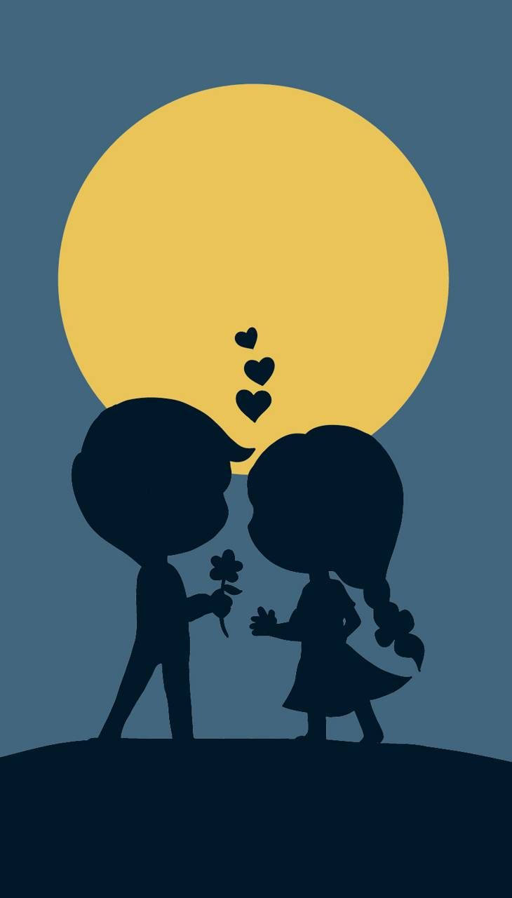 Cute Couple Cartoon Yellow Moon Background