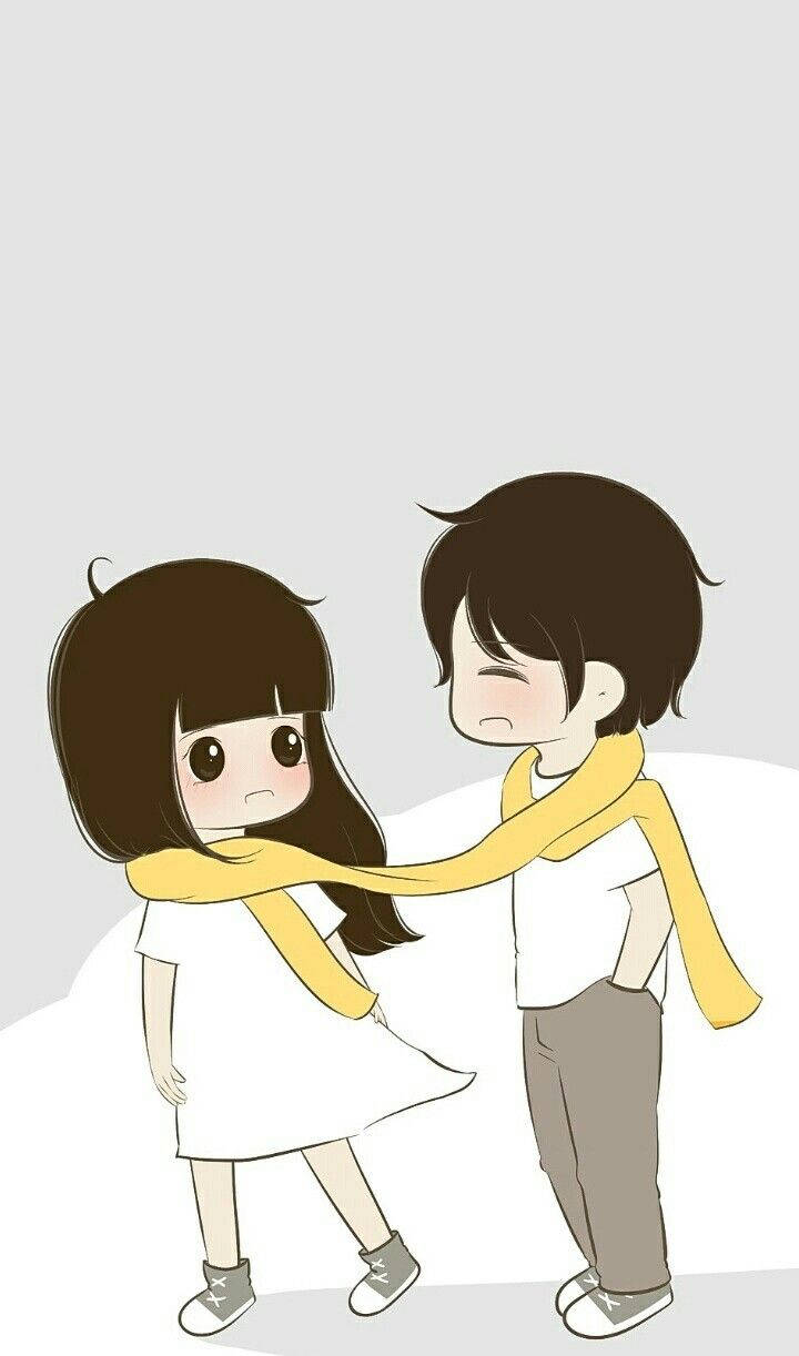 Cute Couple Cartoon Yellow Scarf Background