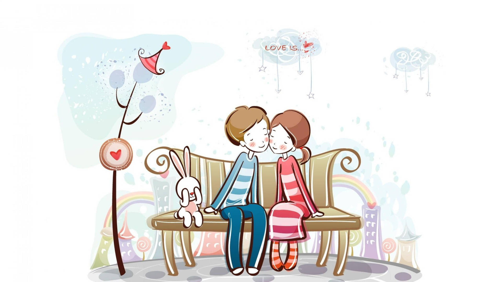 Cute Couple Drawing On Wooden Bench Background