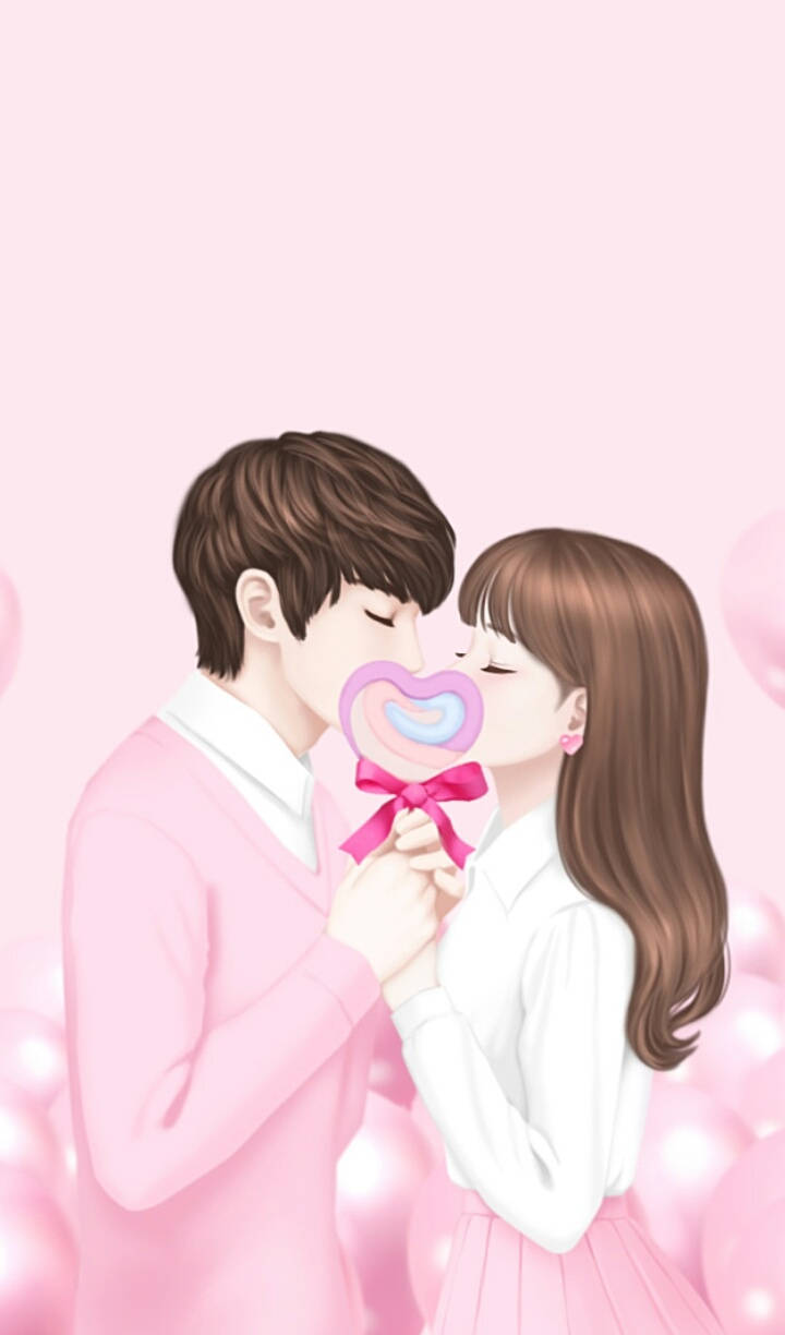 Cute Couple Holding Heart Lollipop Background
