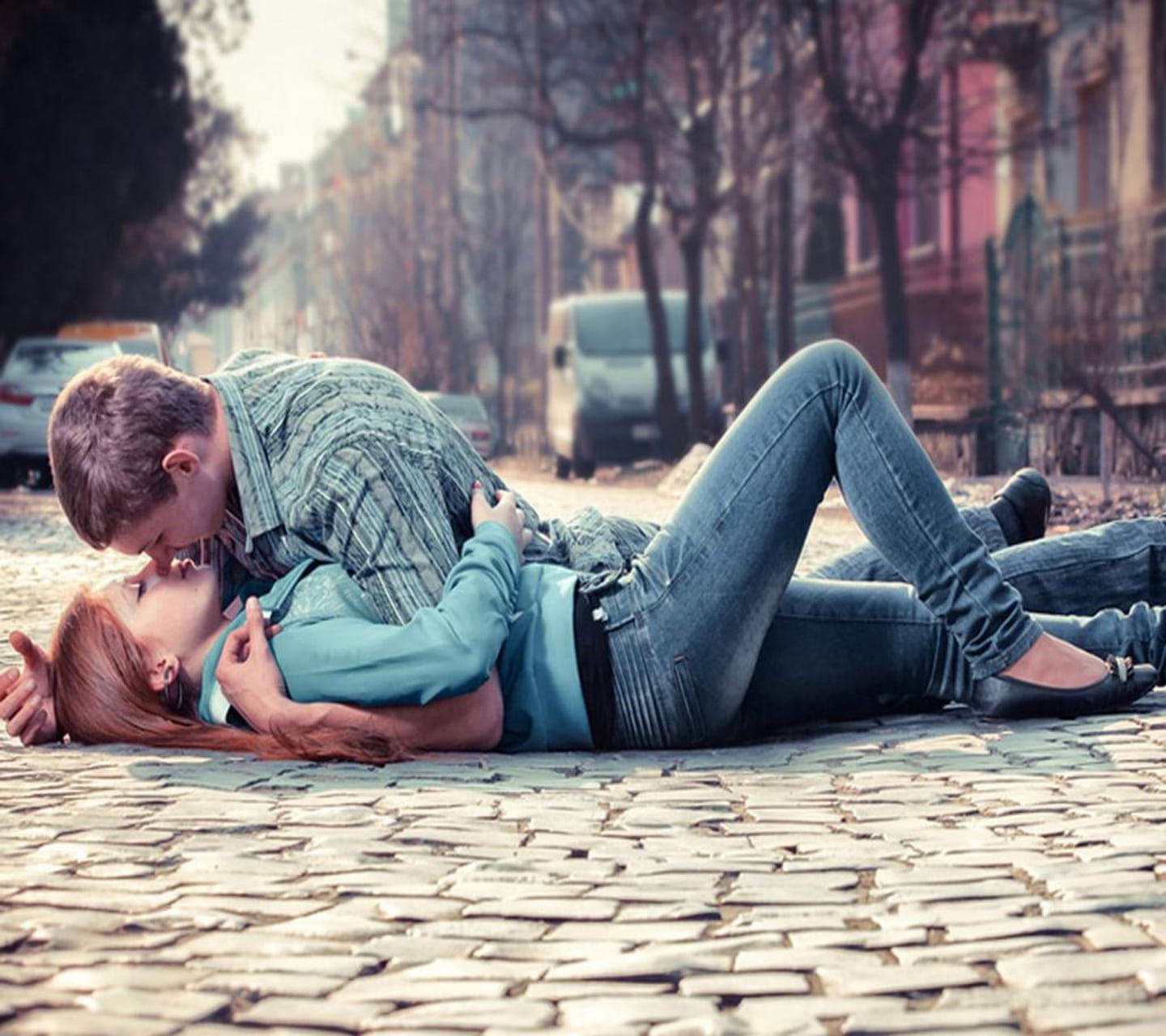 Cute Couple Kissing On Road Background