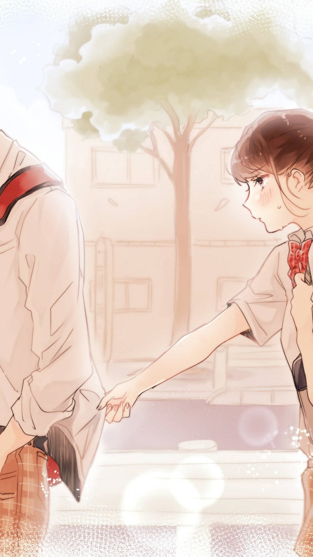 Cute Couple Matching Schoolgirl Behind Boyfriend Background