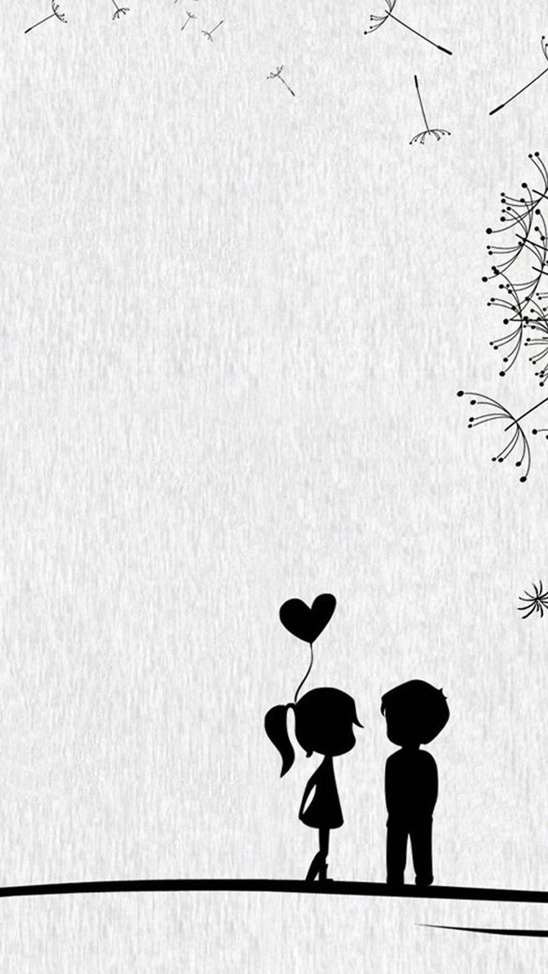 Cute Couple Silhouette With Heart Balloon Background