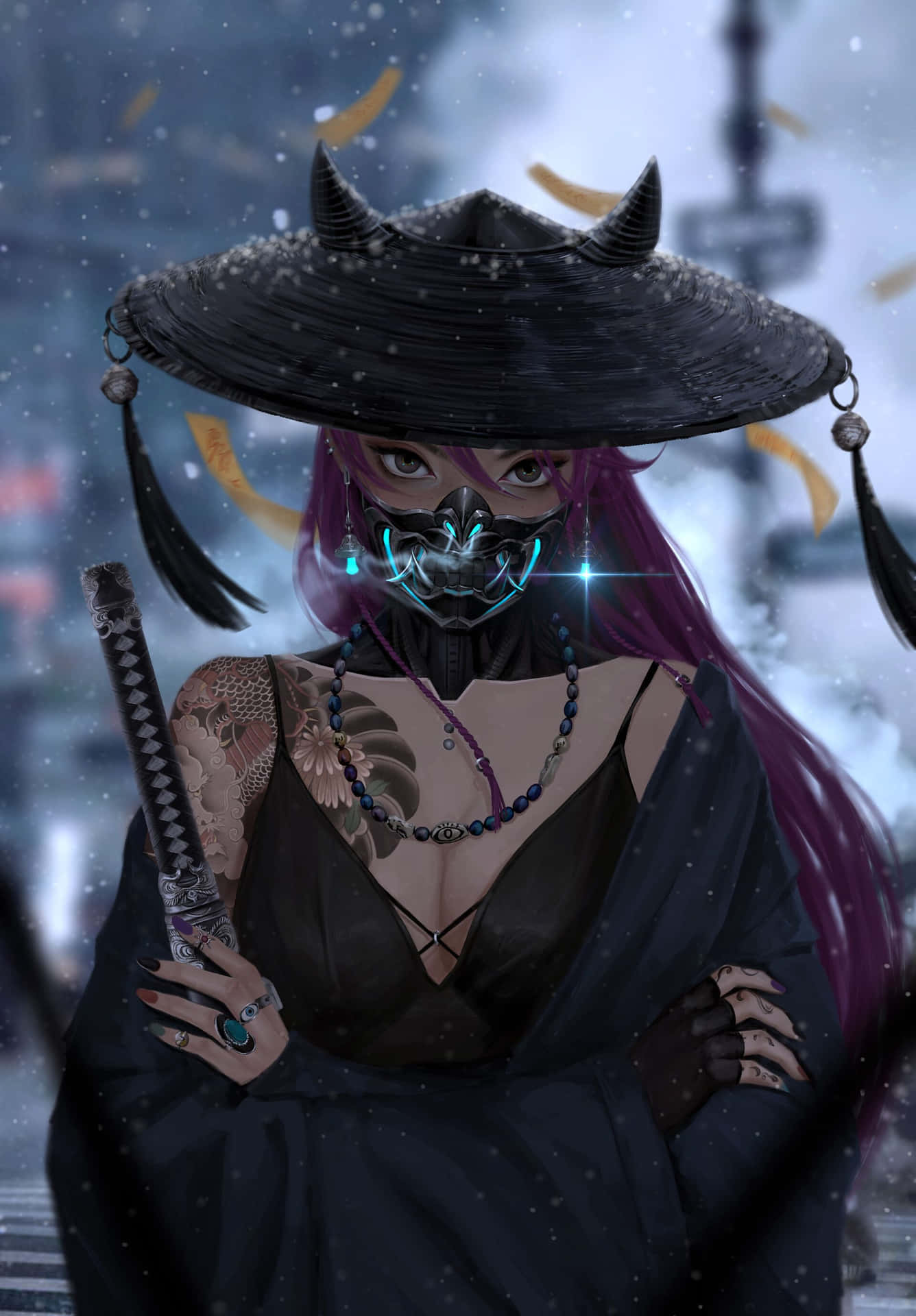 Cute Dark Anime Samurai Girl Background