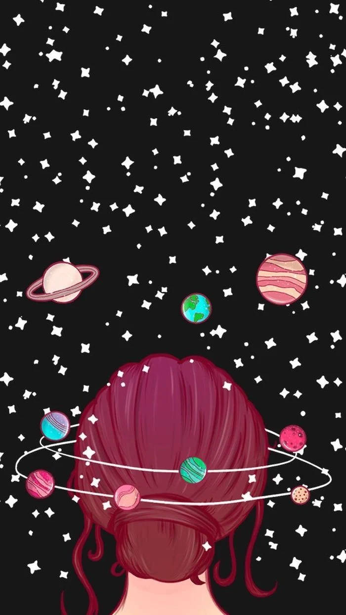 Cute Dark Red Girl And Stars Background