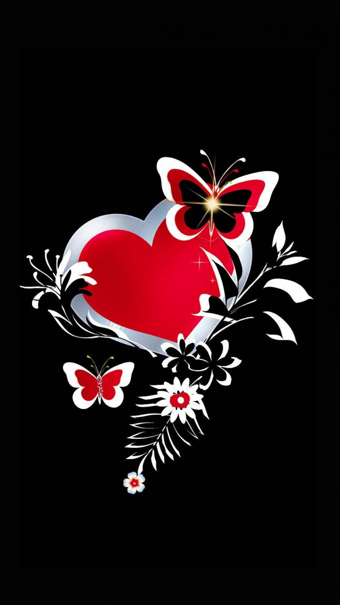 Cute Dark Red Heart And Butterfly Background