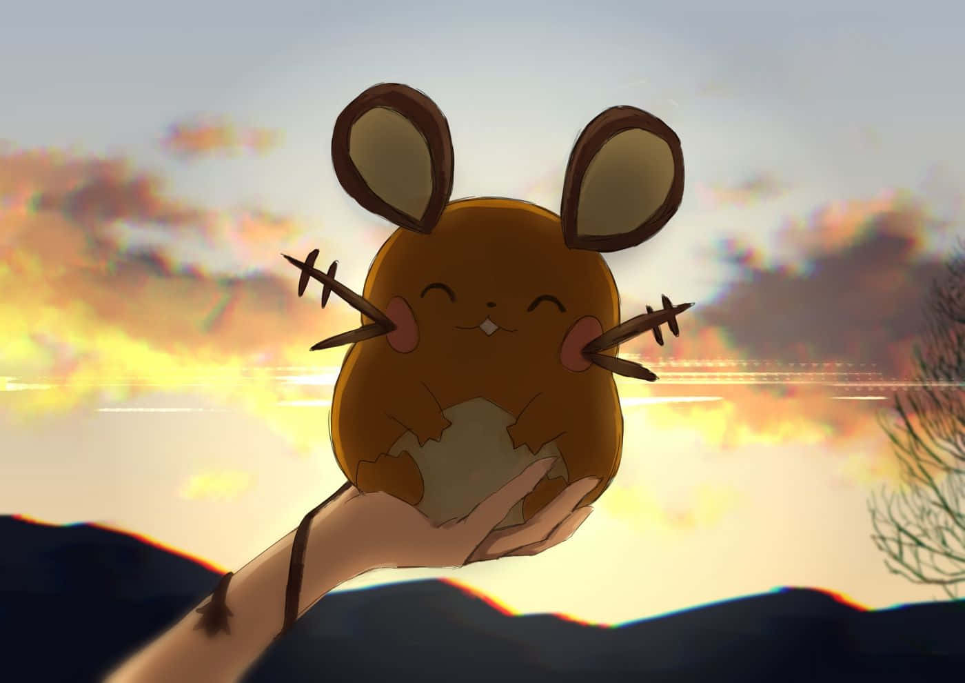 Cute Dedenne On Orange Sunset Background