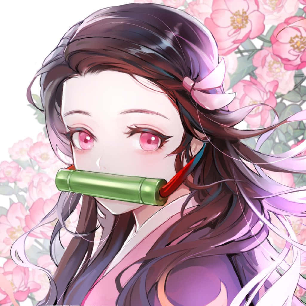 Cute Demon Slayer Character Nezuko Kamado With Flowers Background