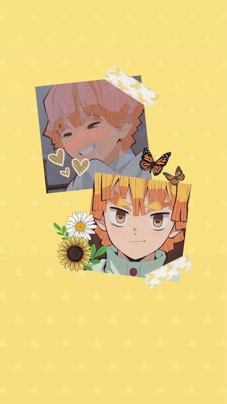 Cute Demon Slayer Character Zenitsu Yellow Aesthetic Collage Background