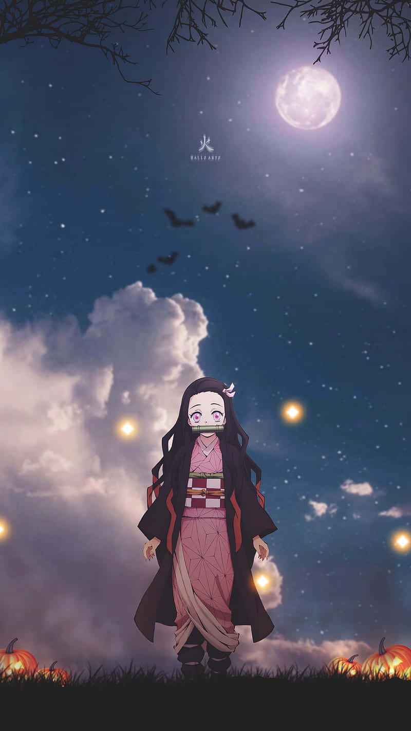 Cute Demon Slayer Nezuko Kamado Night Sky Aesthetic Background