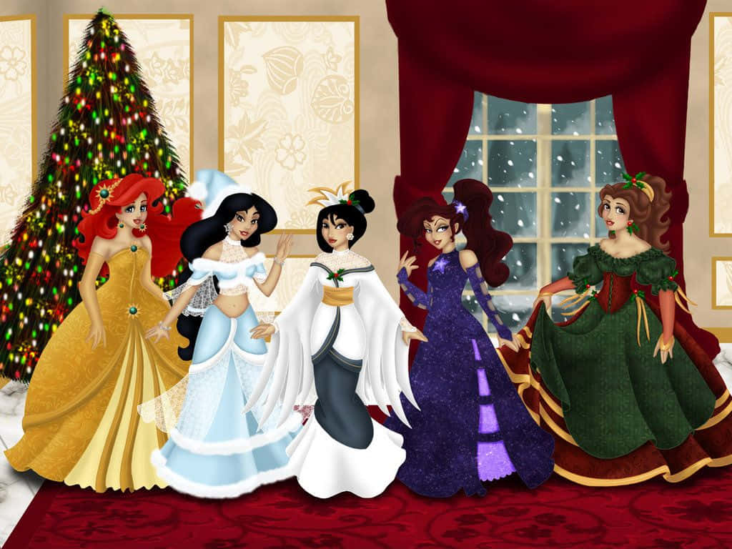 Cute Disney Christmas Five Princesses Background