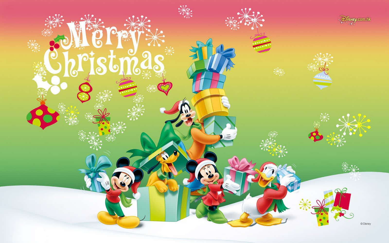 Cute Disney Christmas Mickey Mouse Friends And Gifts Background
