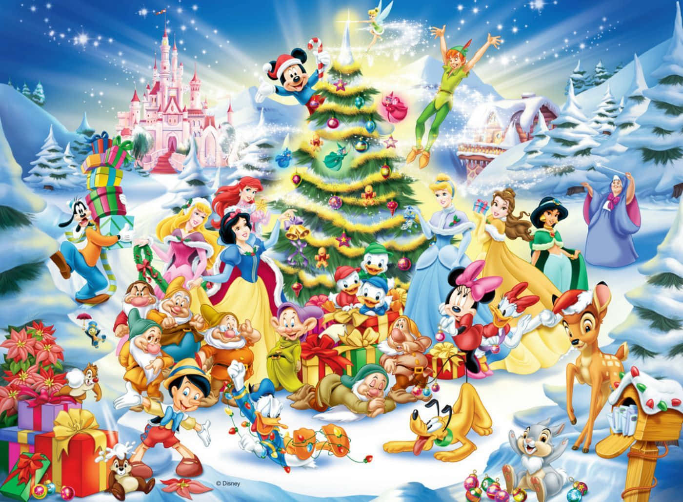 Cute Disney Christmas Princesses And Elves Background