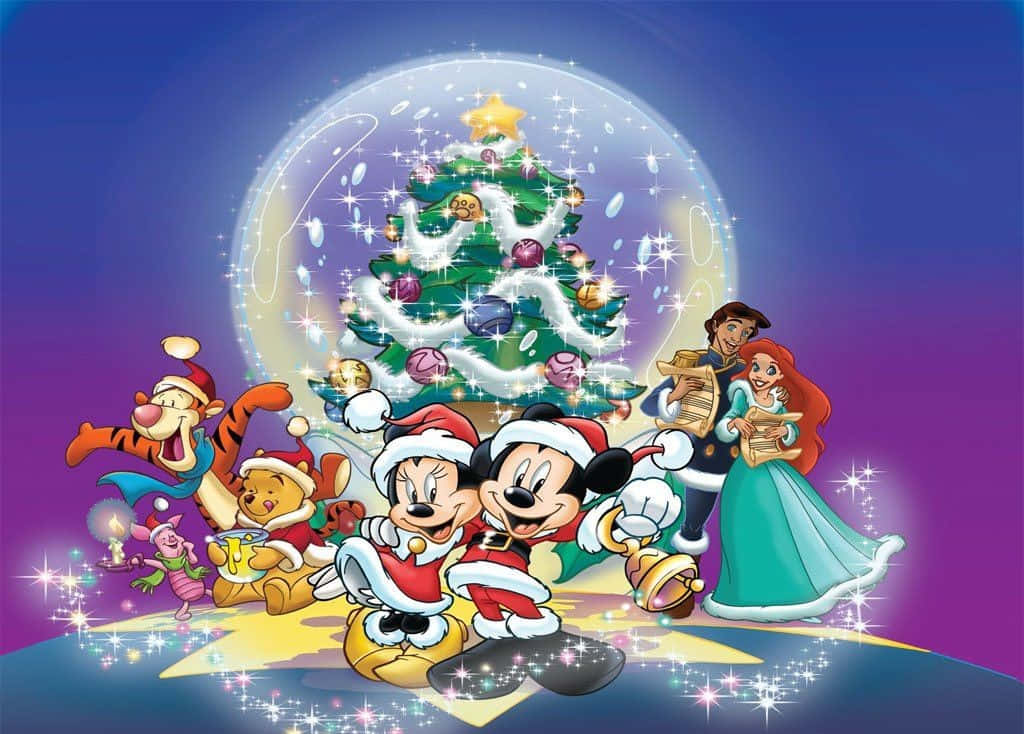 Cute Disney Christmas Tree Cartoon Characters Background