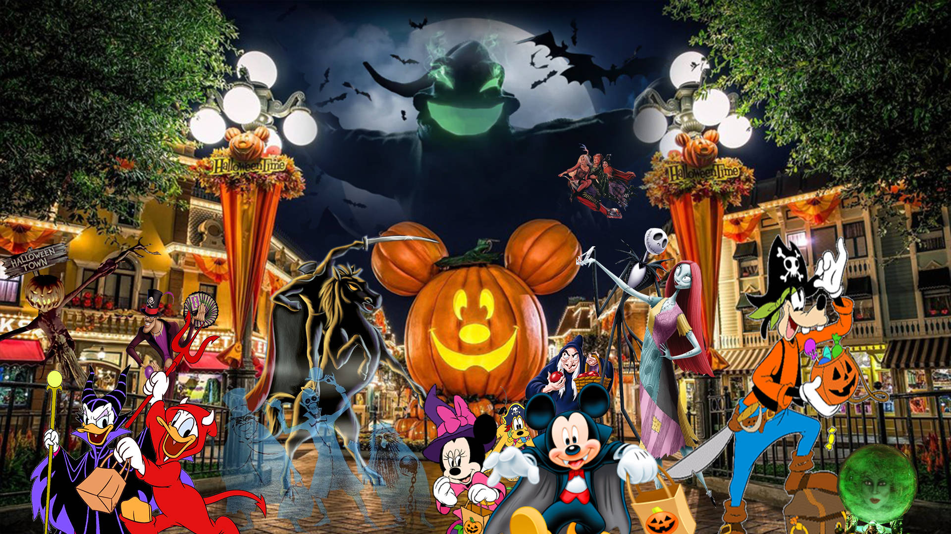 Cute Disney Halloween Cast In Disneyland Background