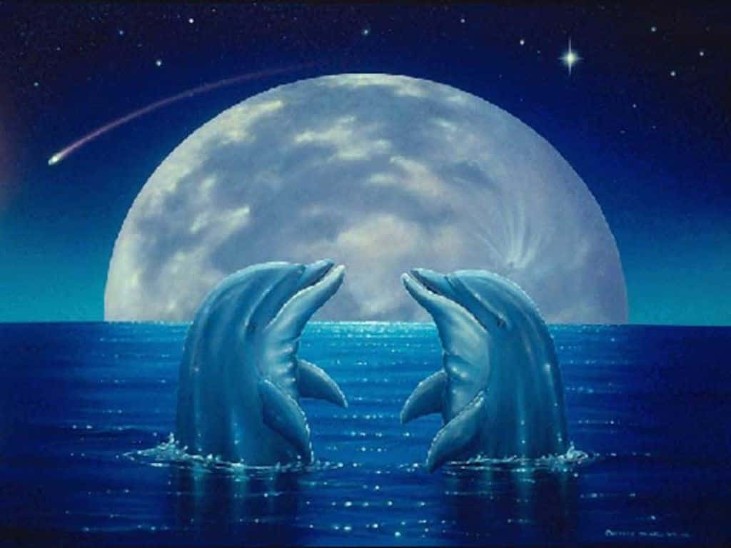 Cute Dolphin Couple Moon Background