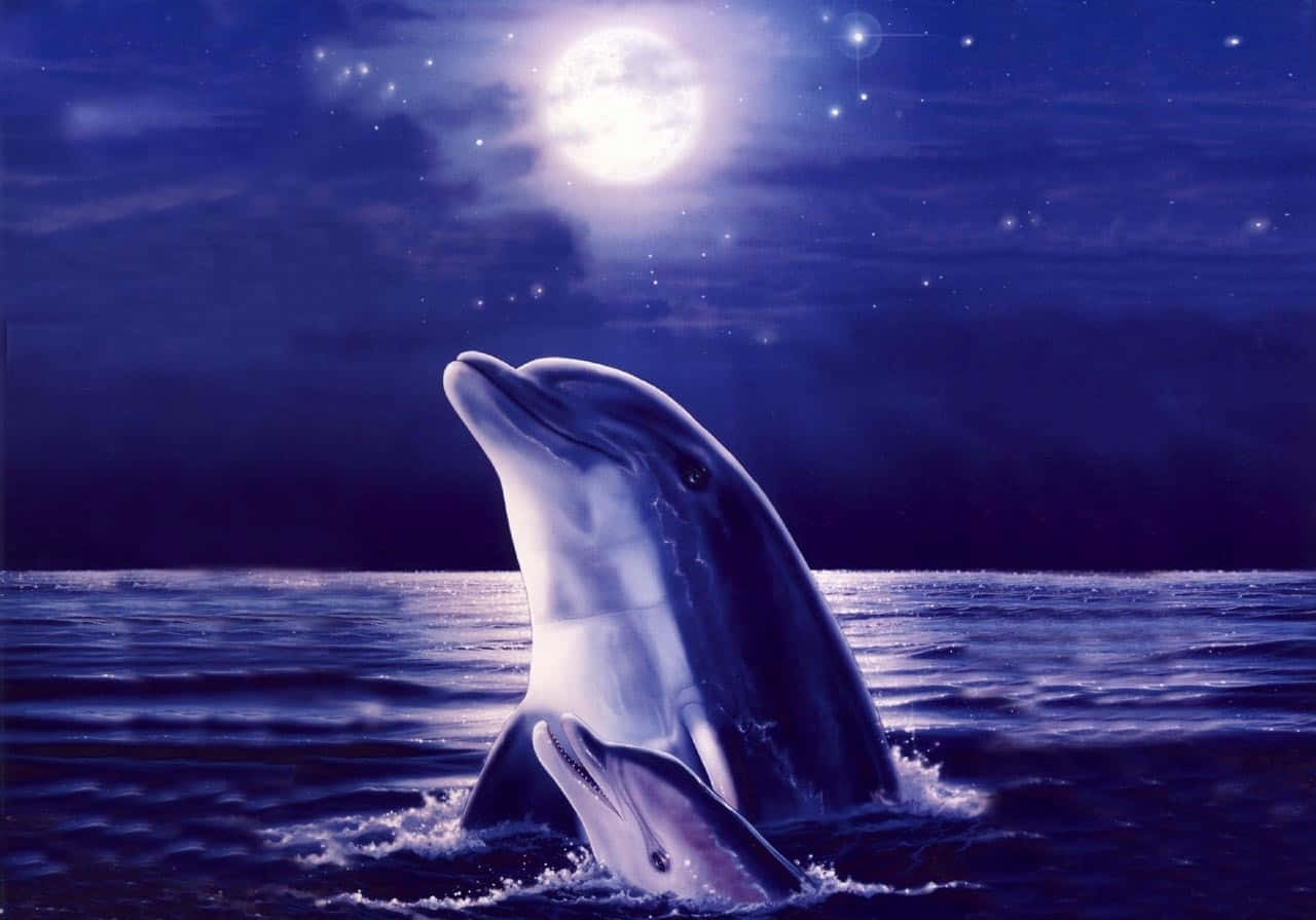 Cute Dolphins Moon Painting Background