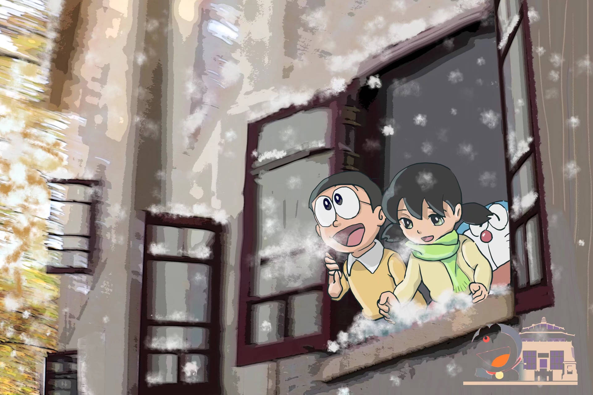 Cute Doraemon Admiring Snowfall Background