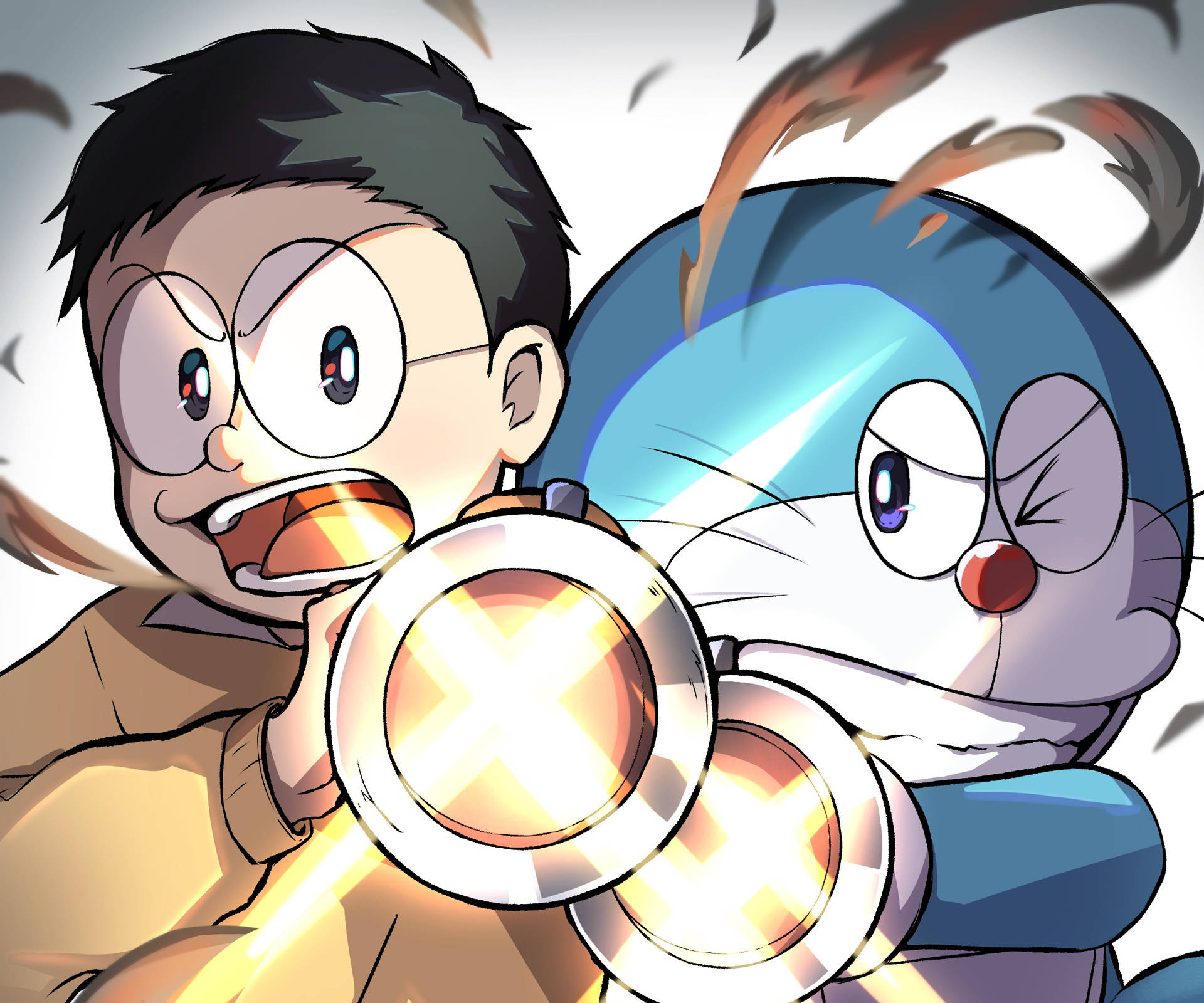 Cute Doraemon And Nobita Air Cannons Background