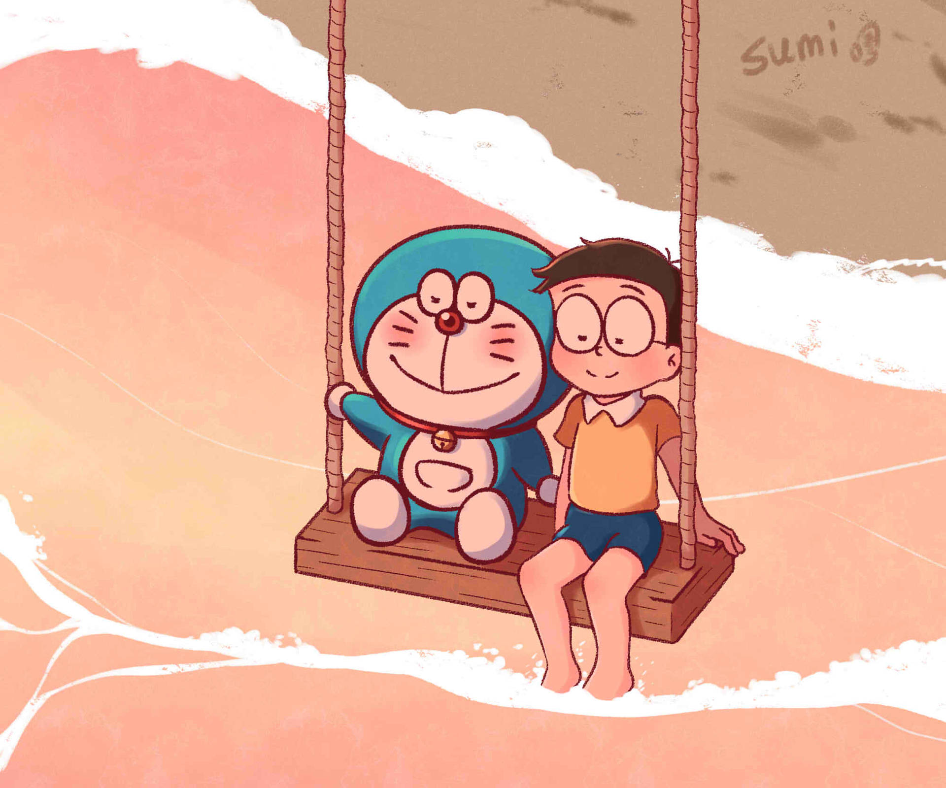 Cute Doraemon And Nobita On A Swing Background