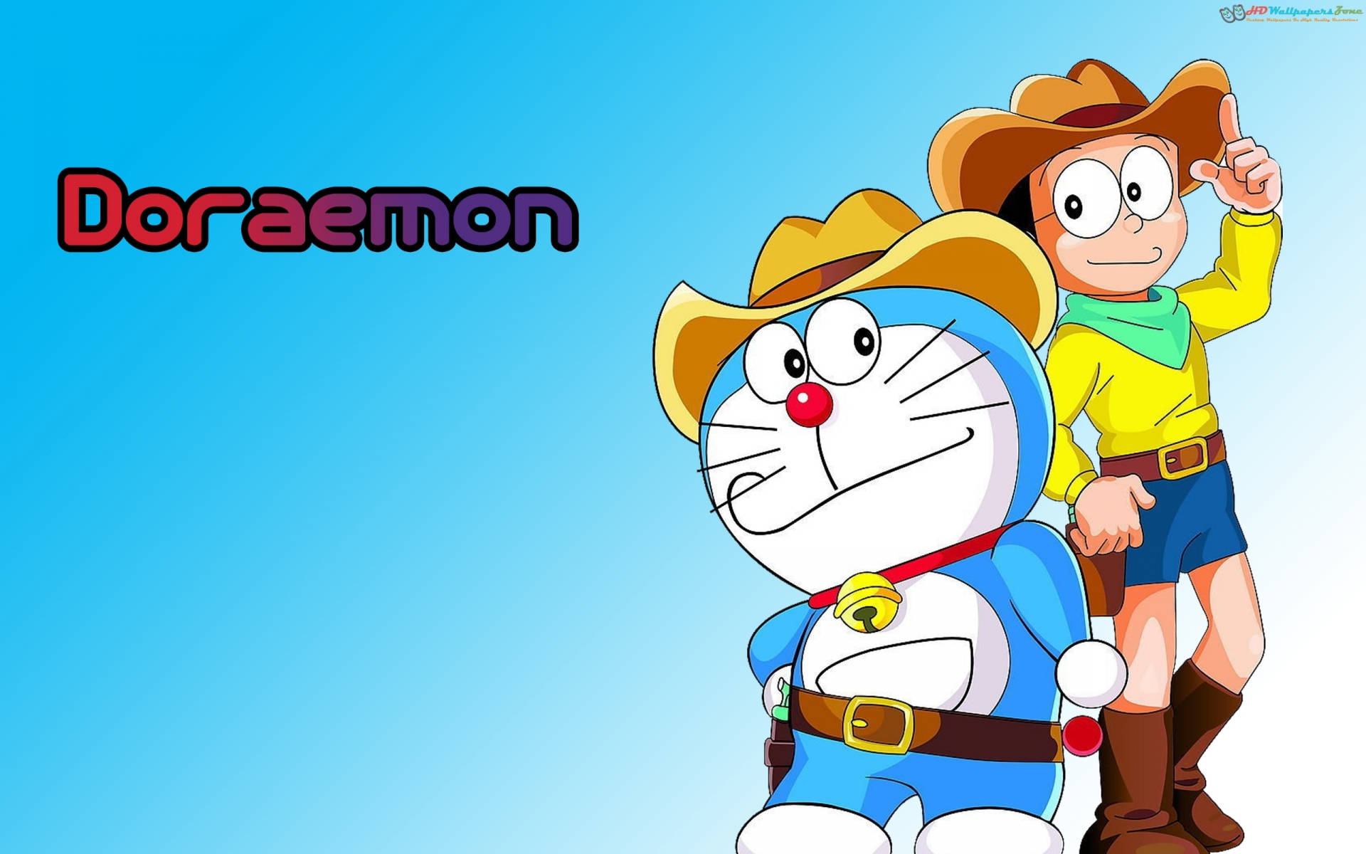 Cute Doraemon Bestfriends As Cowboys Background