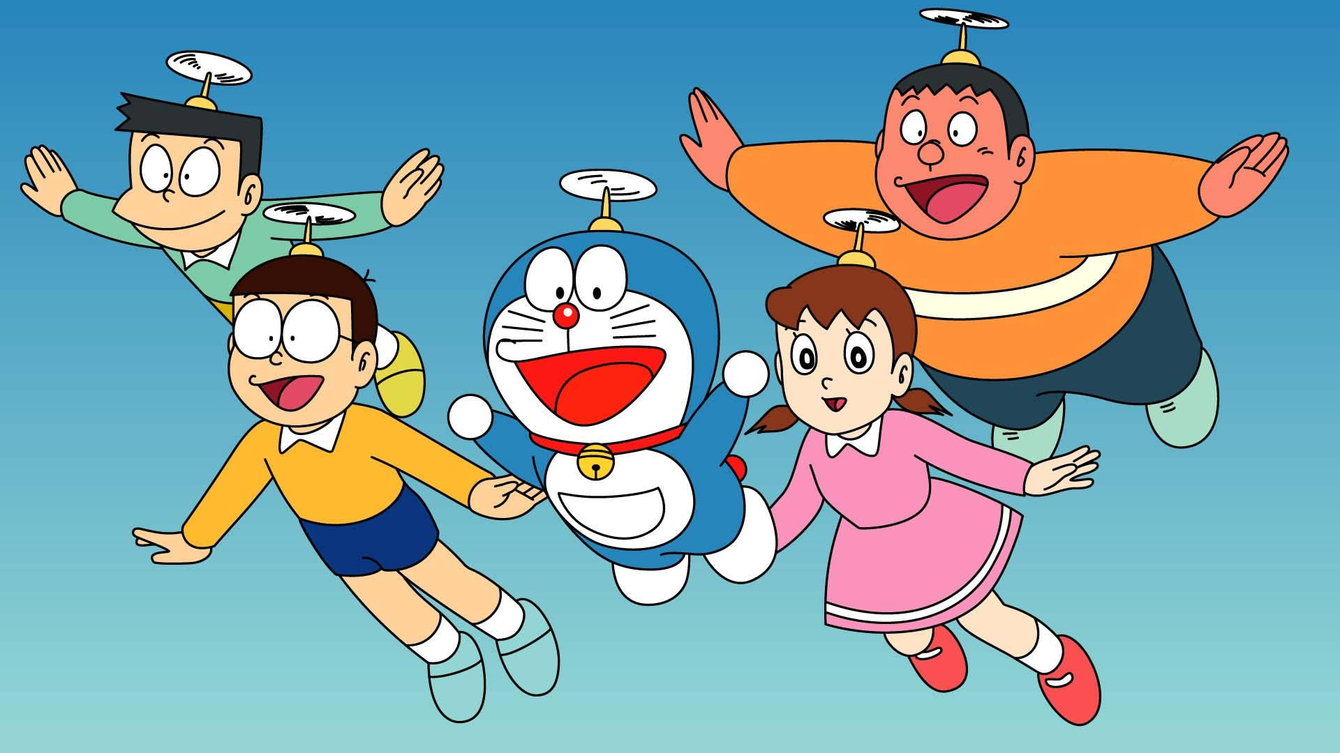 Cute Doraemon Characters Flying Background