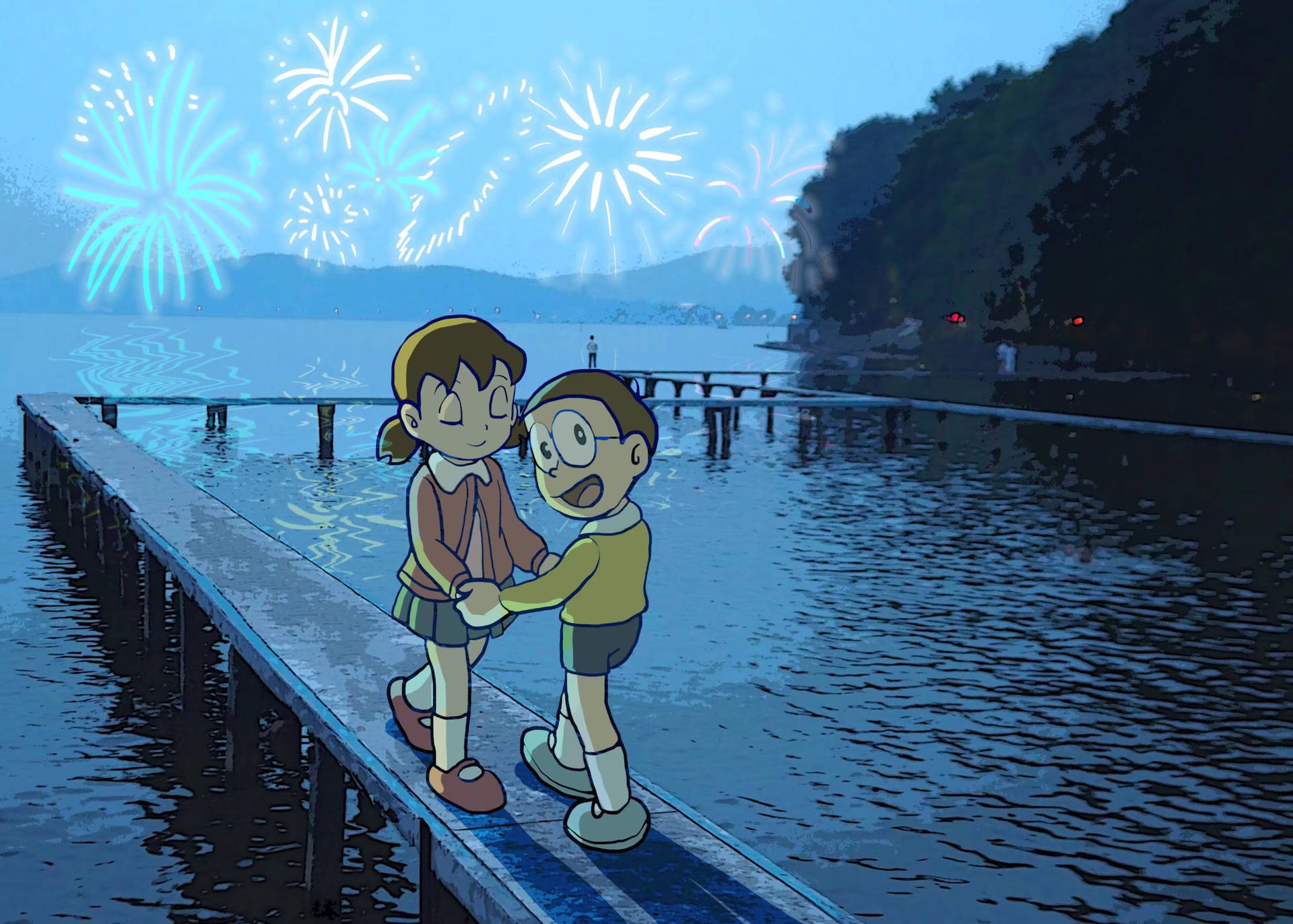 Cute Doraemon Couple Holding Hands Background