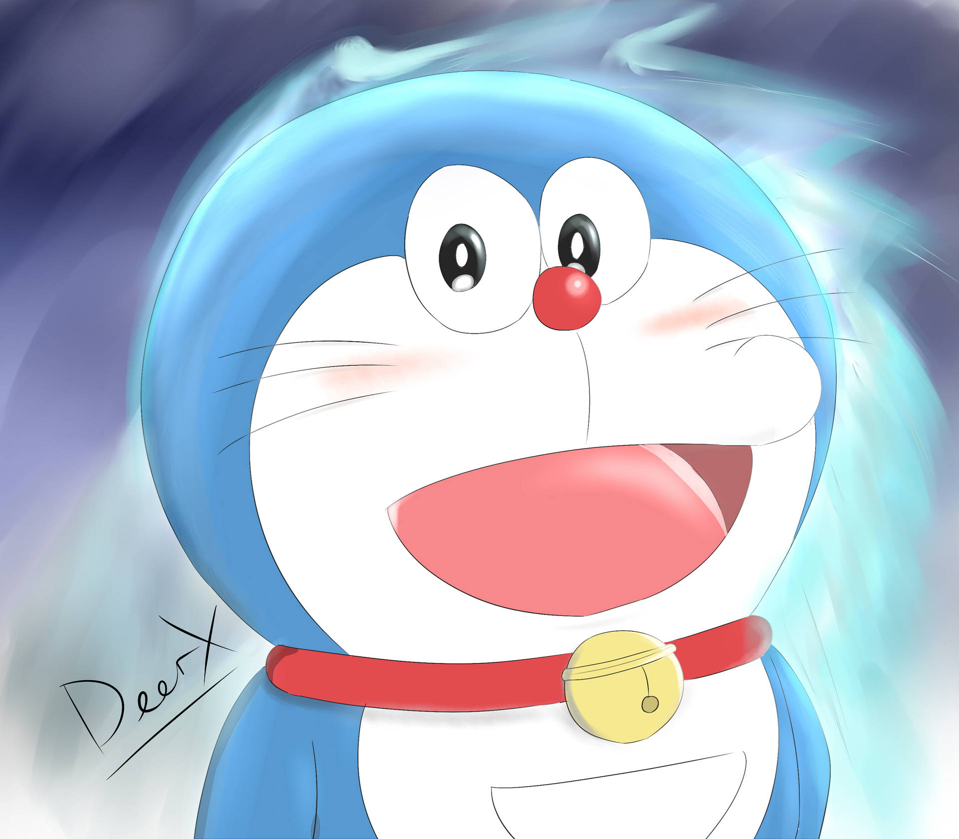 Cute Doraemon Glowing In Turquoise Background