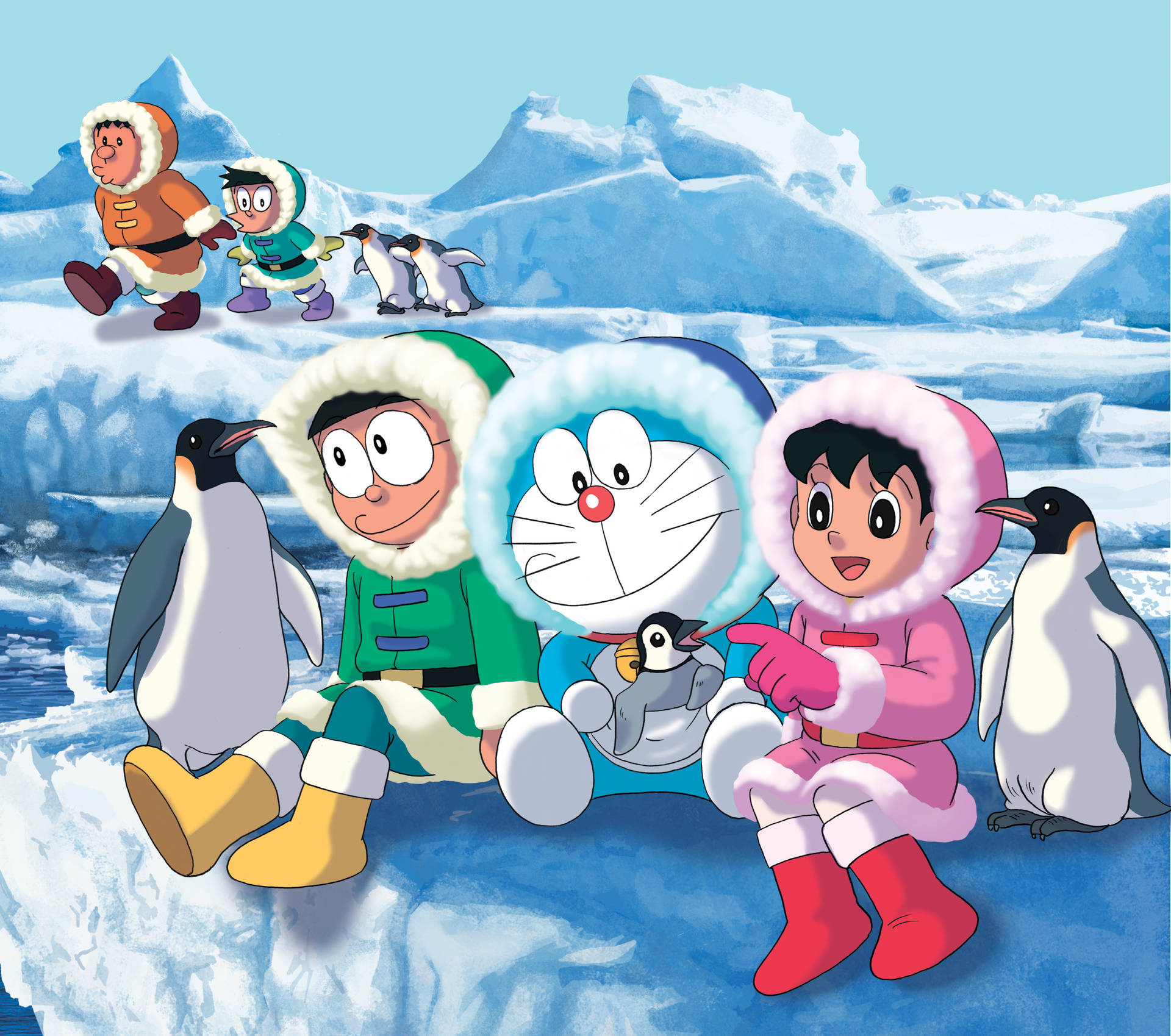 Cute Doraemon In The Arctic Background