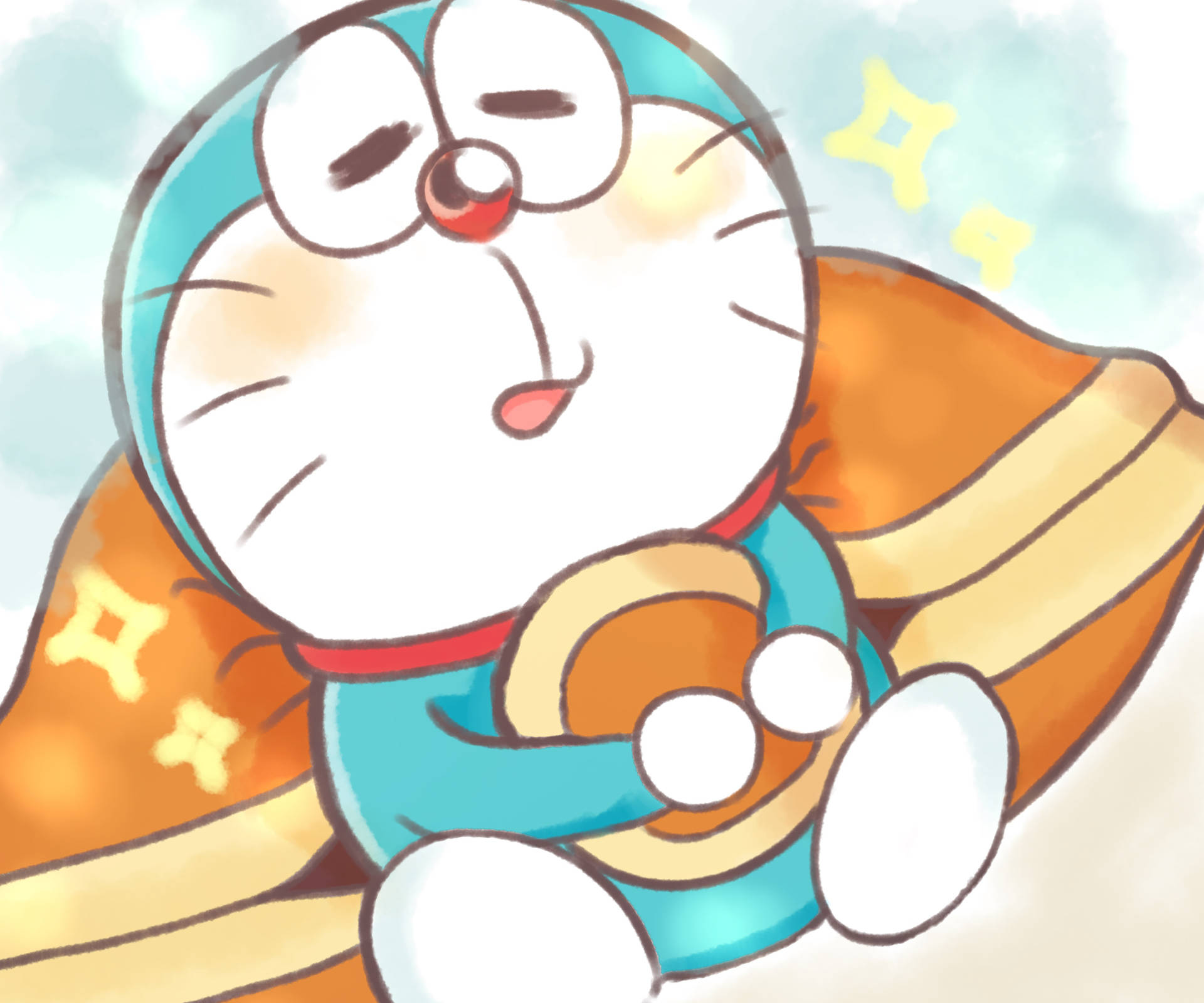 Cute Doraemon Leaning On Big Pillow Background