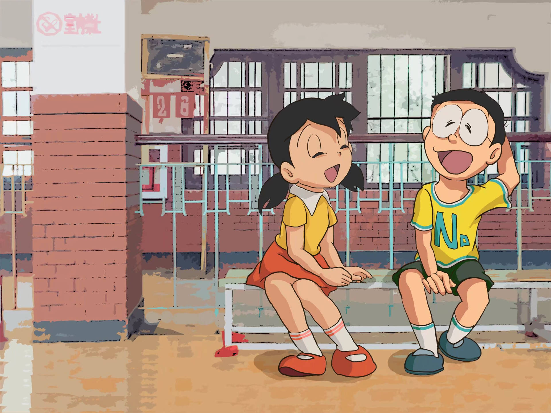 Cute Doraemon Nobita And Shizuka As Students Background
