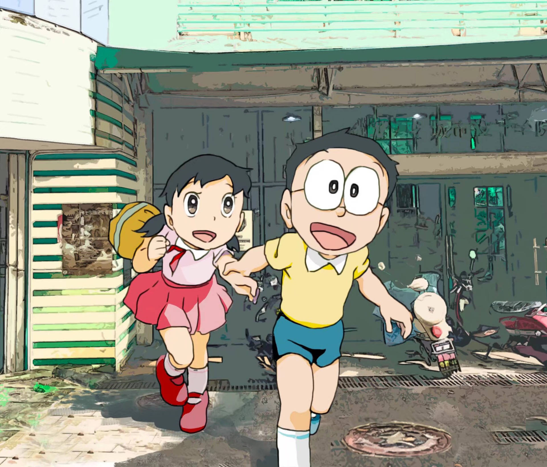 Cute Doraemon Romantic Nobita And Shizuka Background