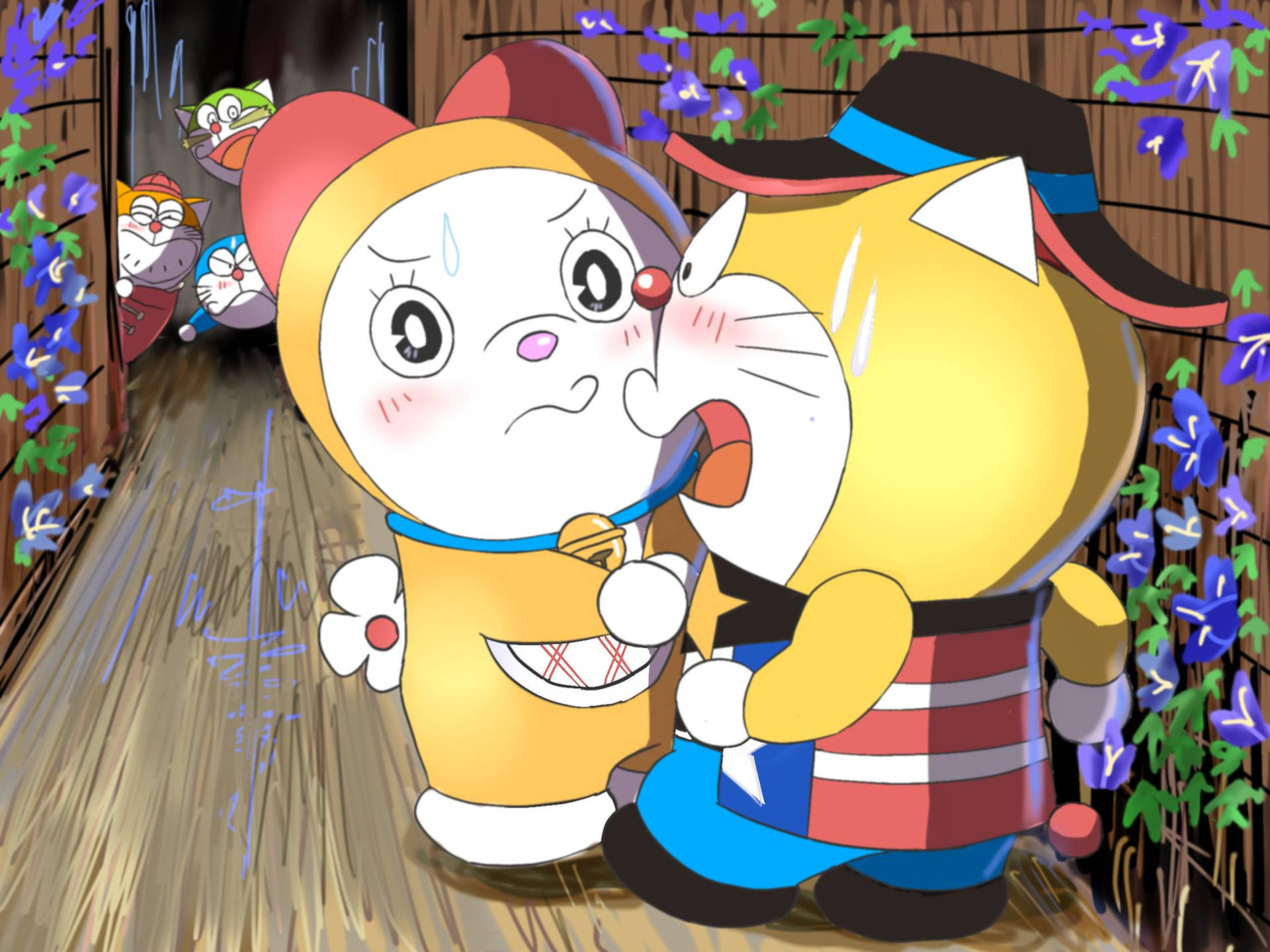 Cute Doraemon Spying Background