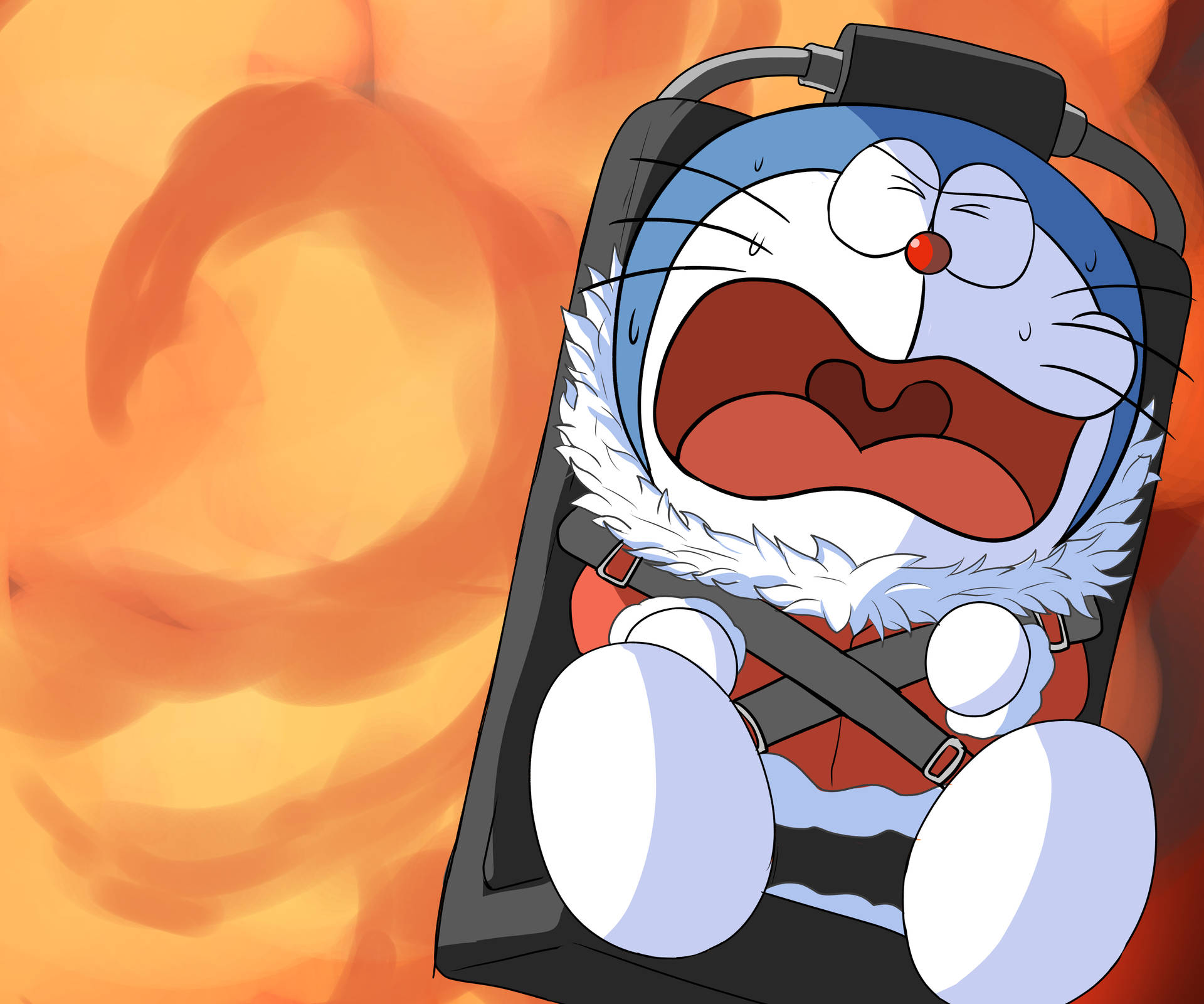 Cute Doraemon Strapped On Sleigh Background