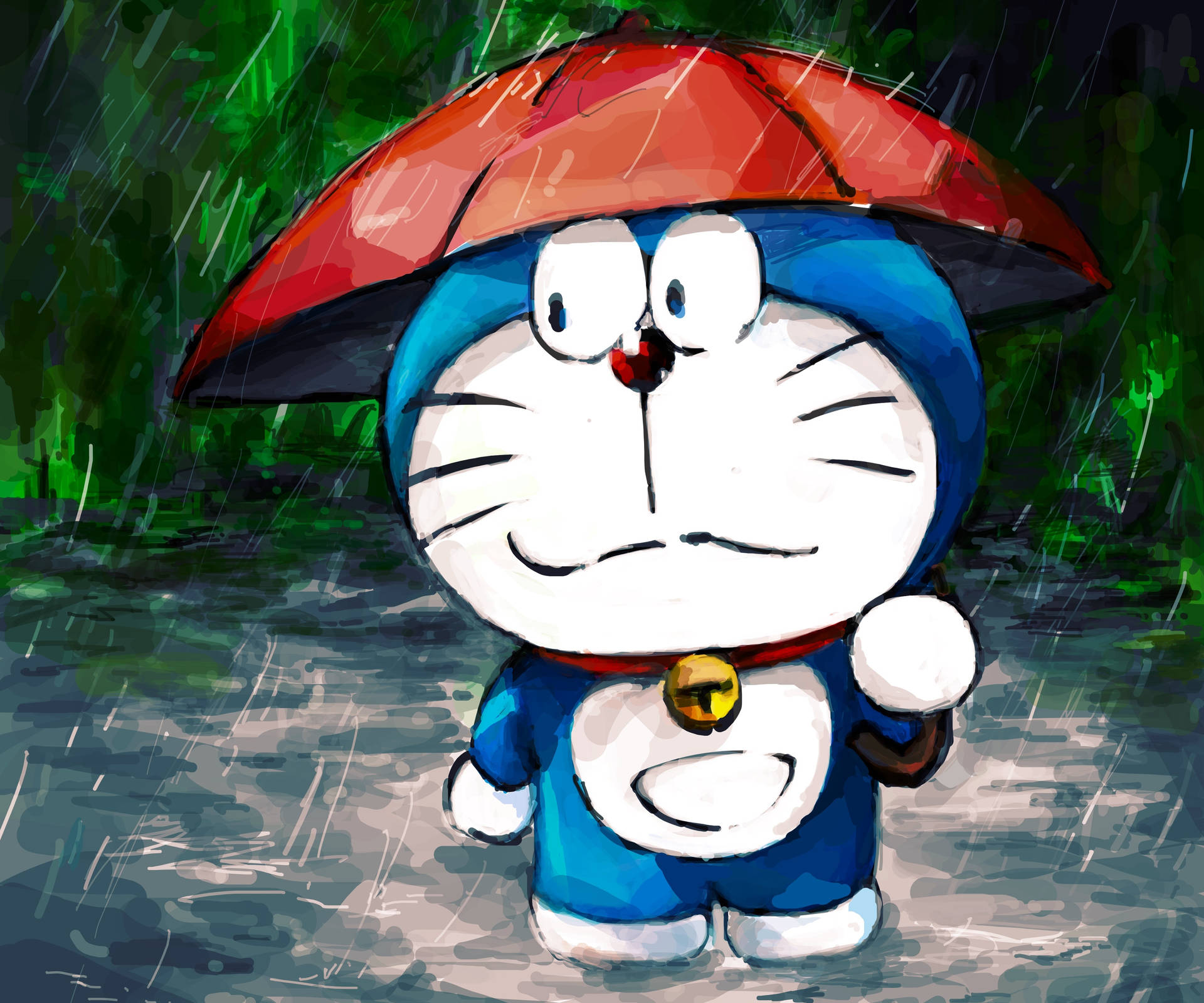 Cute Doraemon Under The Rain Background