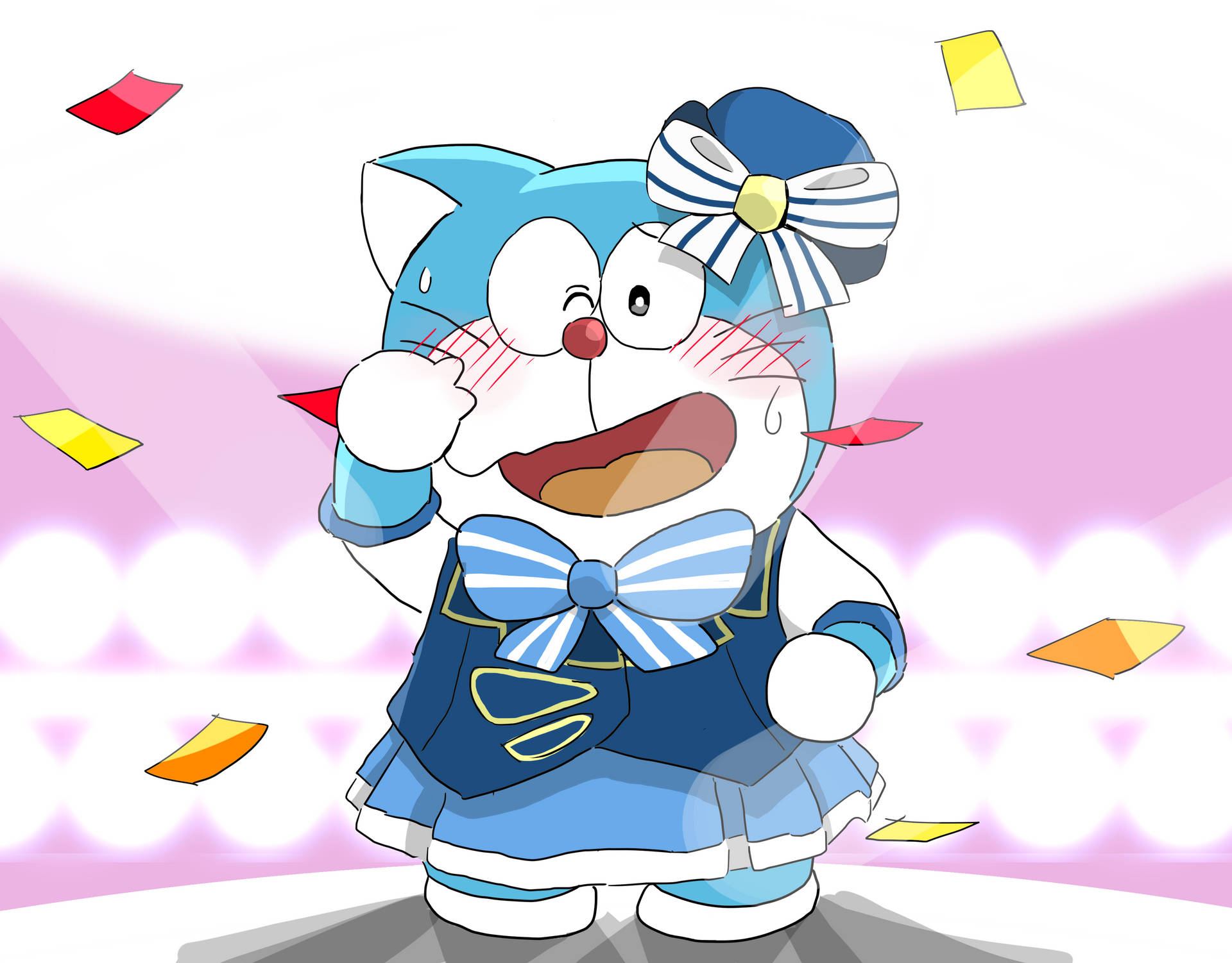 Cute Doraemon Wearing Blue Dress Background