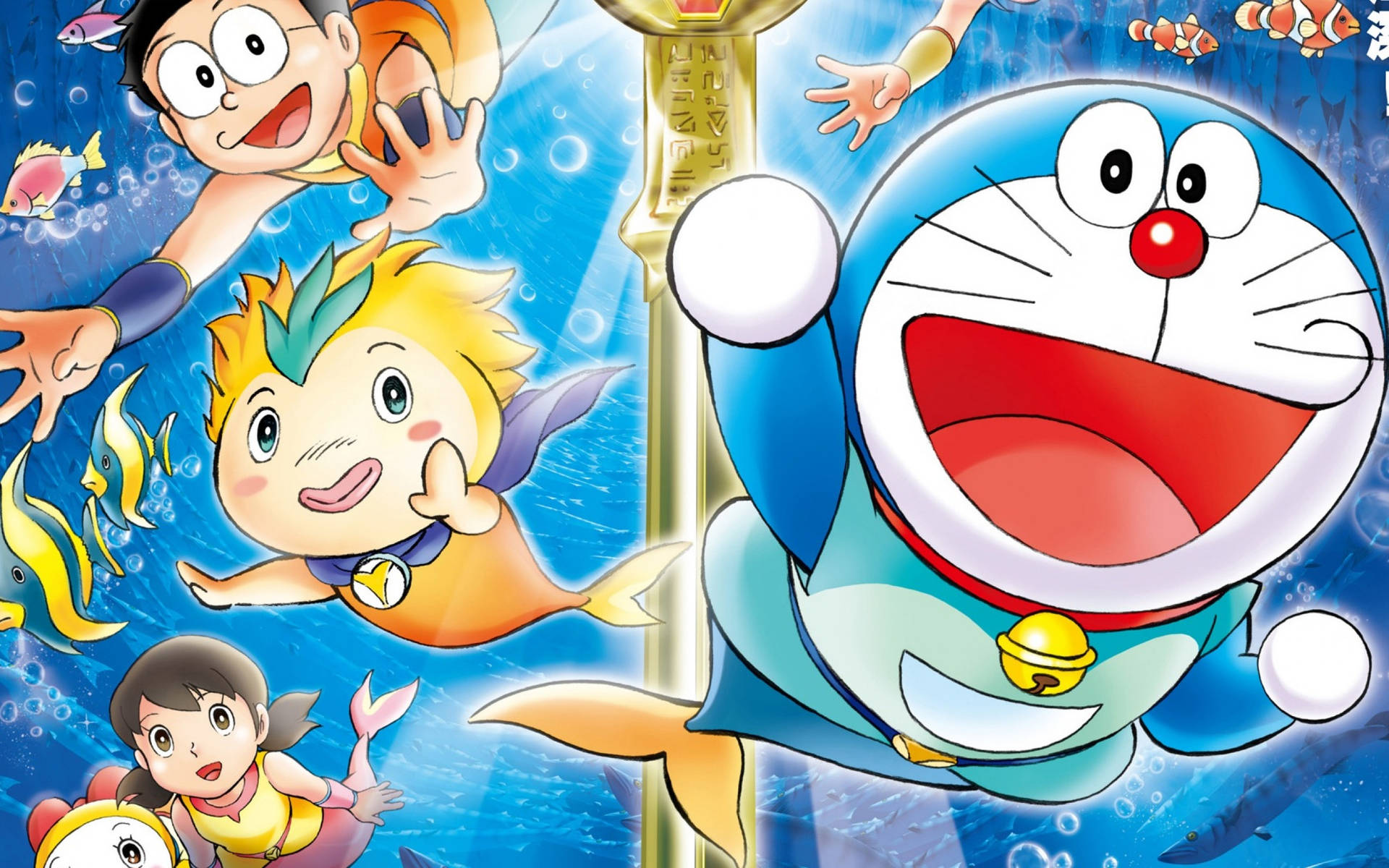 Cute Doraemon With Mermaid Tails Background