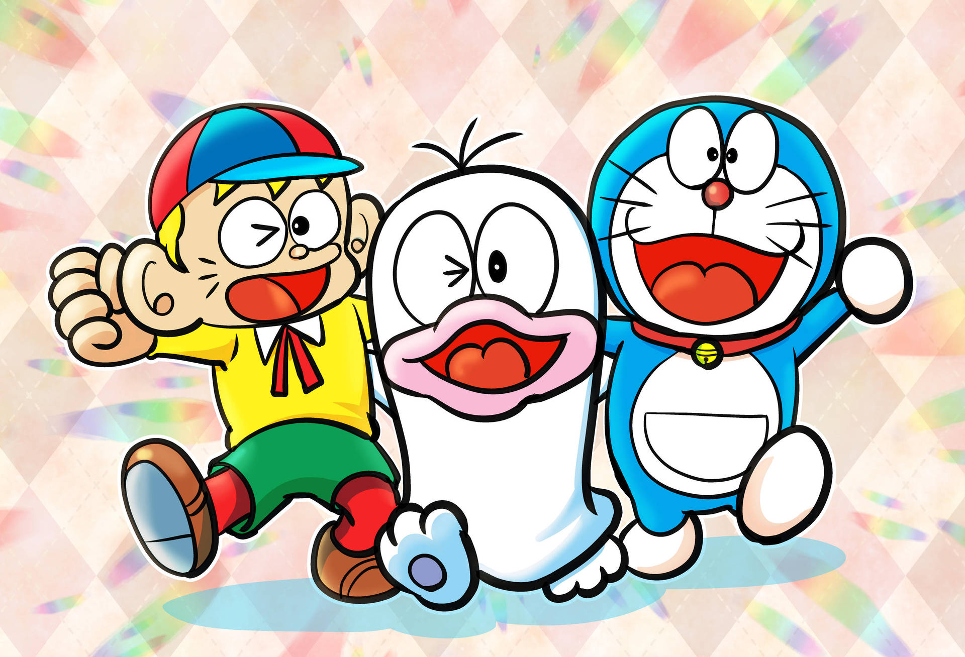 Cute Doraemon With Other Manga Characters Background