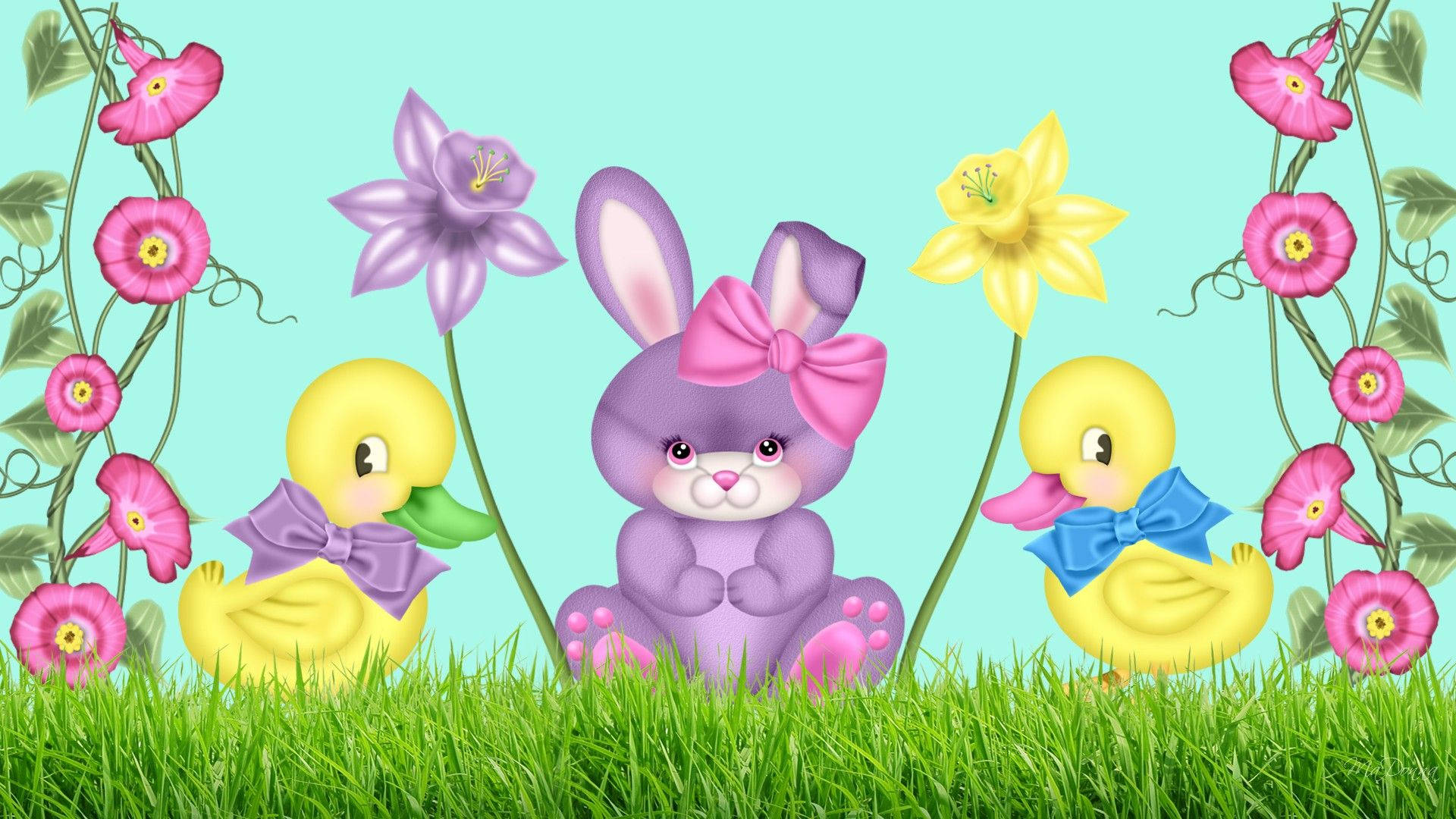 Cute Easter Bunny And Ducks Background