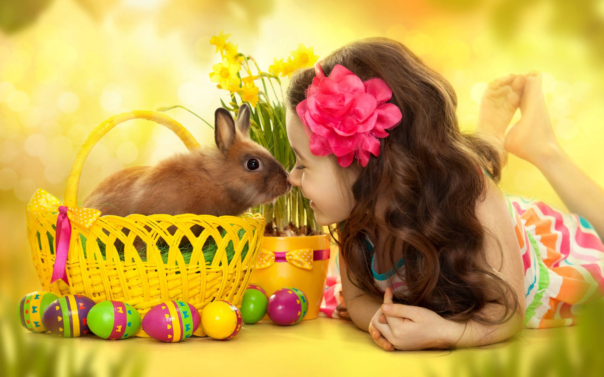 Cute Easter Bunny And Girl Background