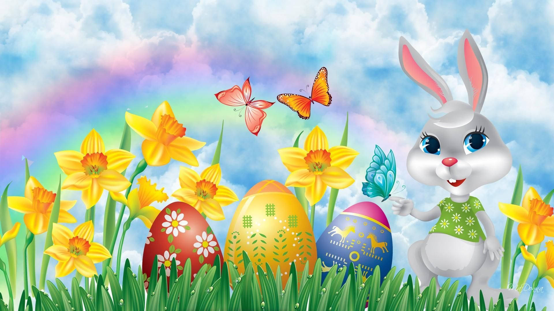 Cute Easter Bunny And Rainbow Background
