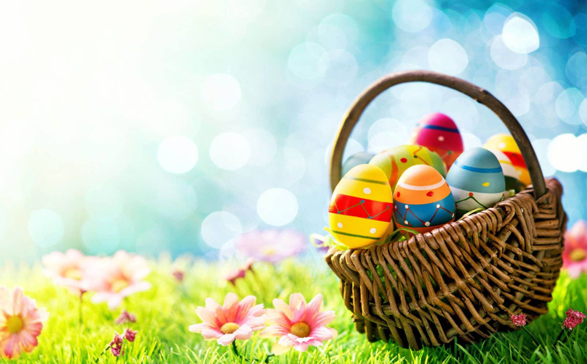 Cute Easter Eggs On Basket Background