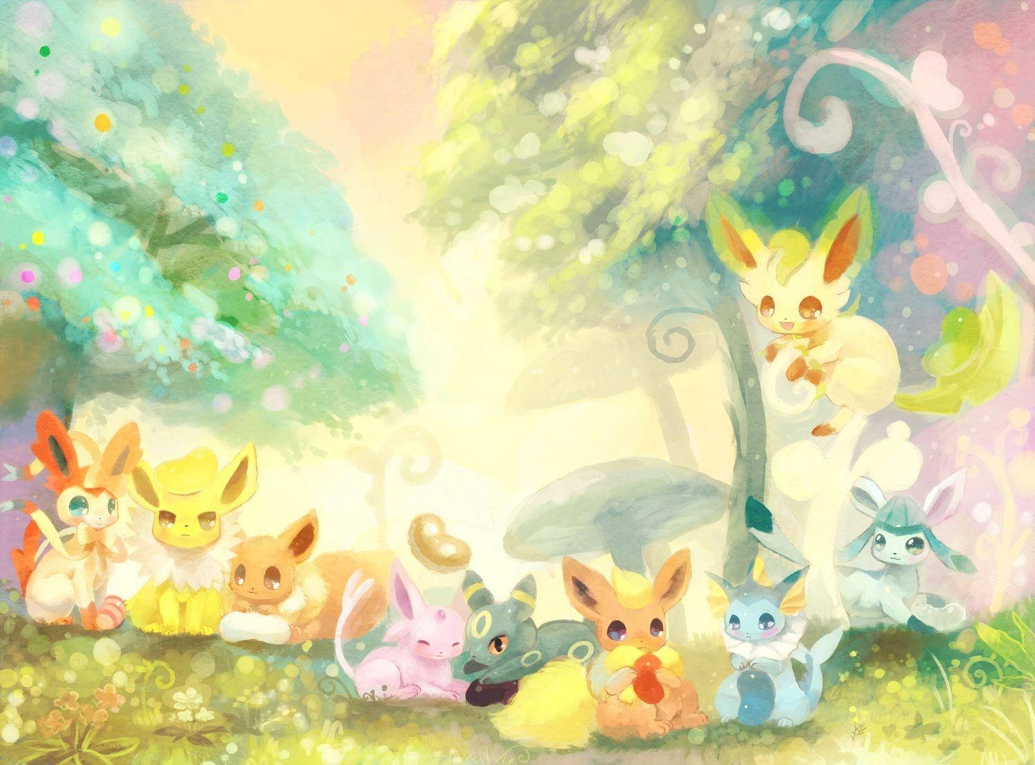 Cute Eeveelutions Colorful Drawing Background