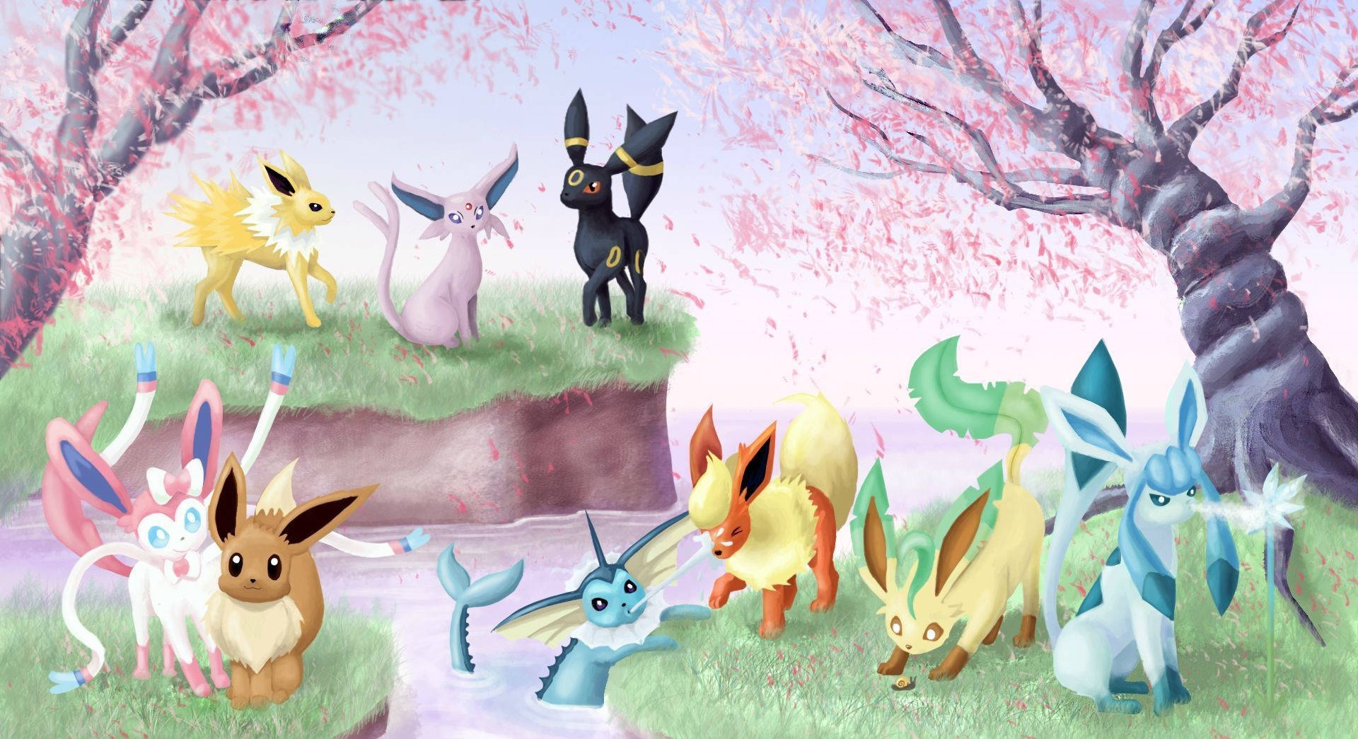 Cute Eeveelutions In A Forest Background