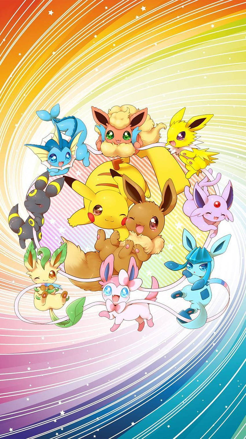 Cute Eeveelutions Pikachu Colorful Swirls Background